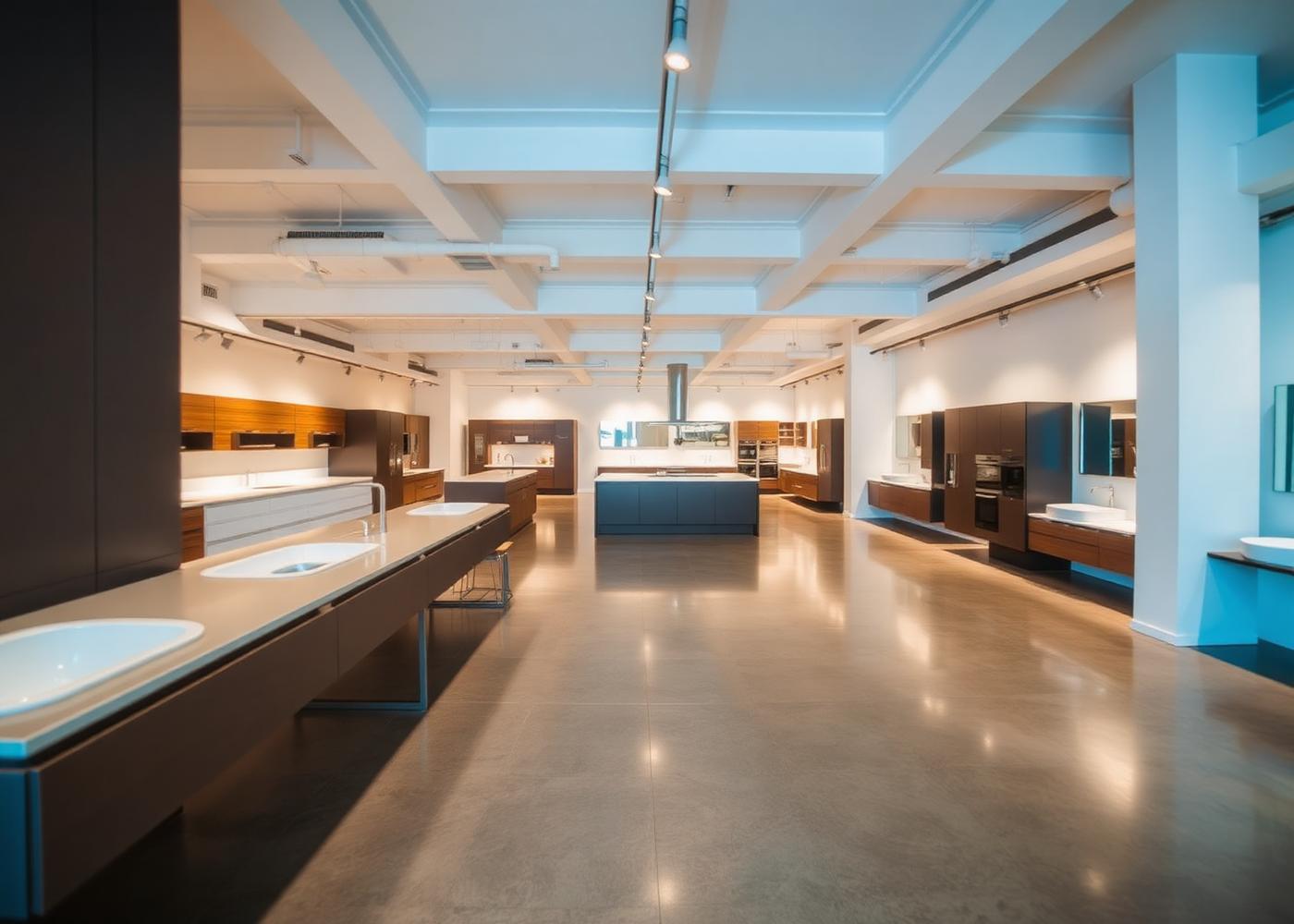 Keukens en badkamers in een lichte showroom